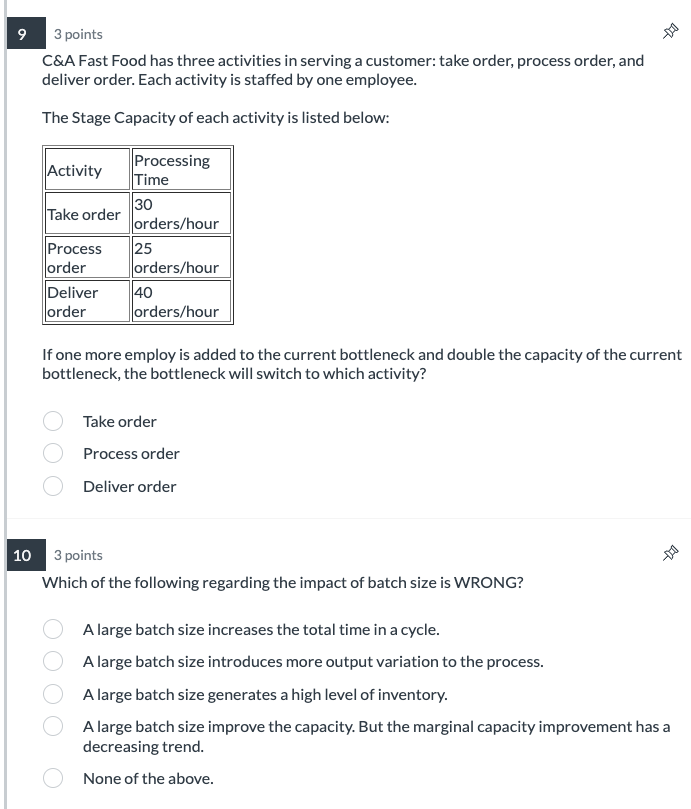 3 points C\&A Fast Food has three activities in serving a