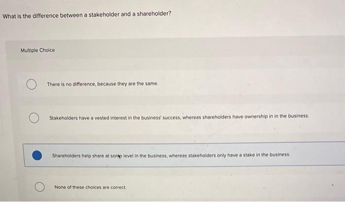  What is the difference between a stakeholder and a shareholder? Multiple