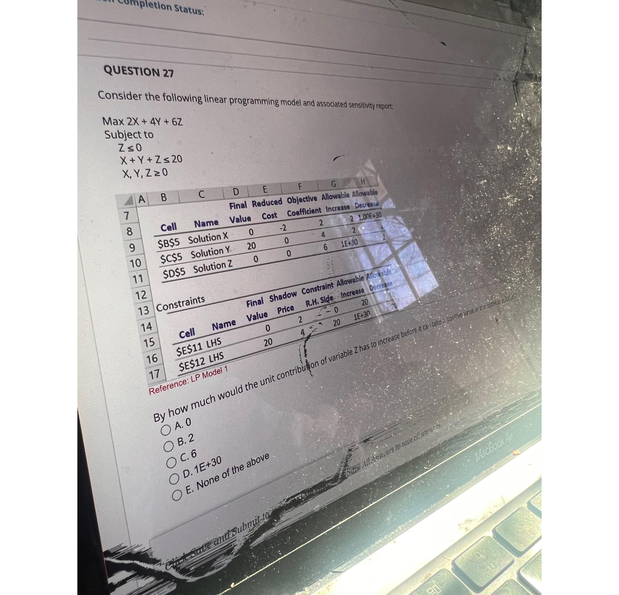  QUESTION 27 Consider the following linear programming model and associated sensitivity