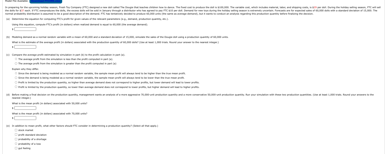(a) Determine the equation for computing FTCs profit for given values