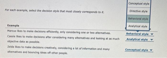  For each example, select the decision style that most closely corresponds