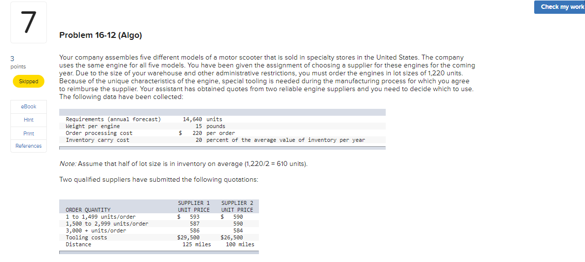 Problem 16-12 (Algo) Your company assembles five different models of a