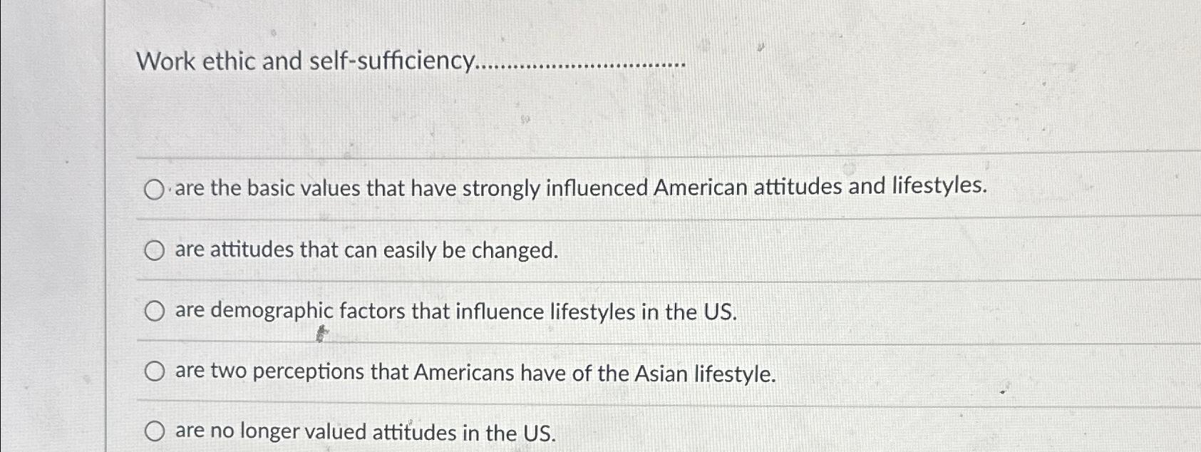  Work ethic and self-sufficiency. are the basic values that have strongly