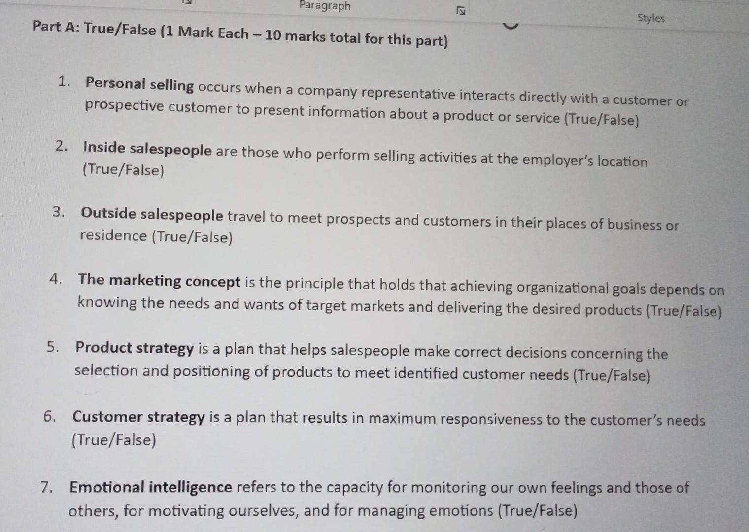  Part A: True/False (1 Mark Each - 10 marks total for