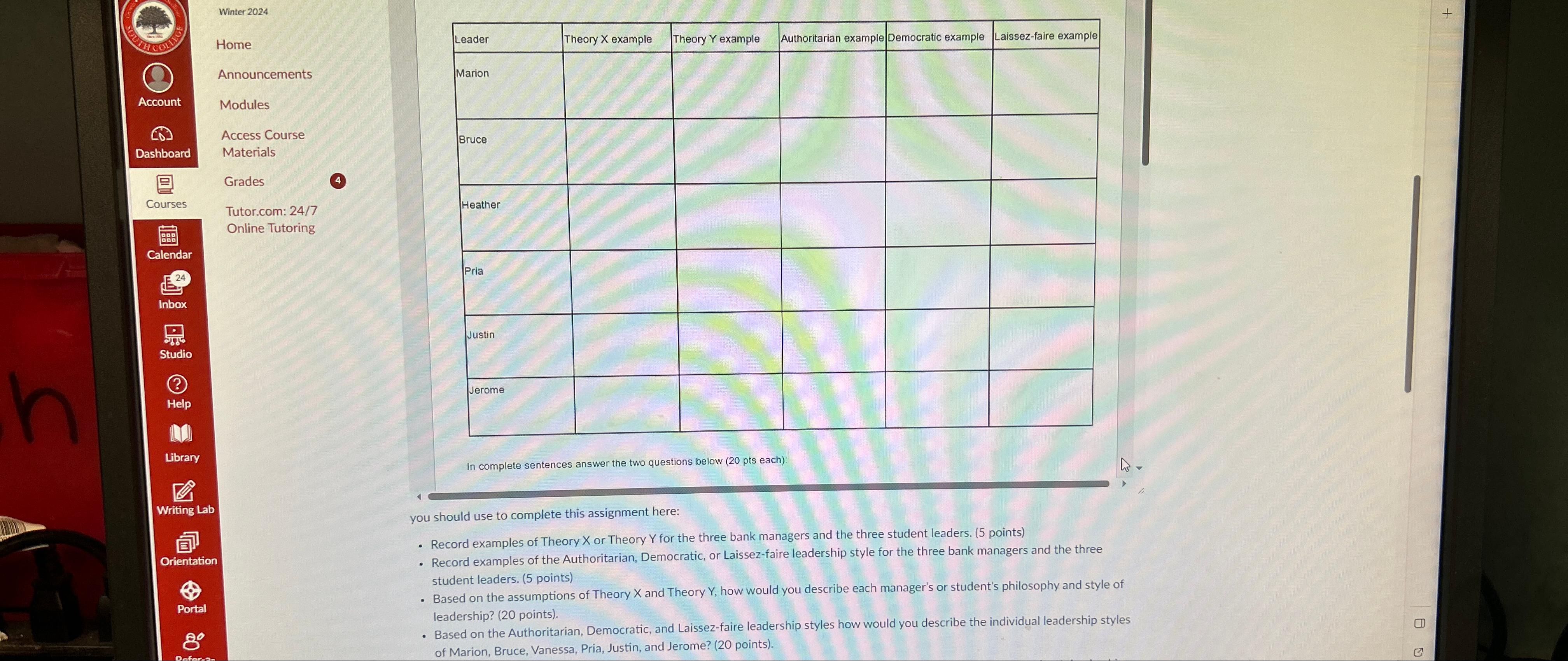  Winter 2024 Home Announcements Modules Access Course Materials Grades Tutor.com: 24/7