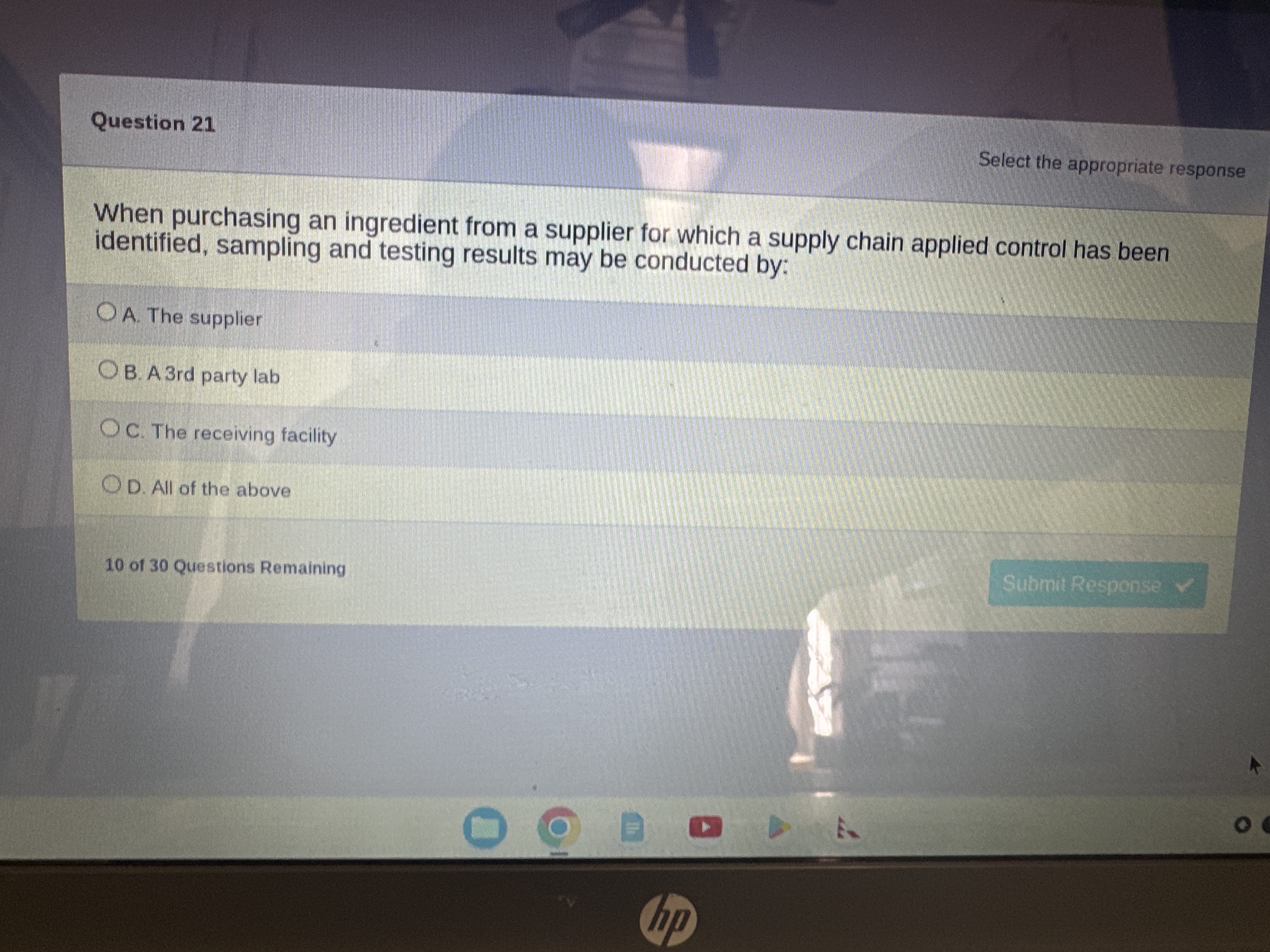  When purchasing an ingredient from a supplier for which a supply