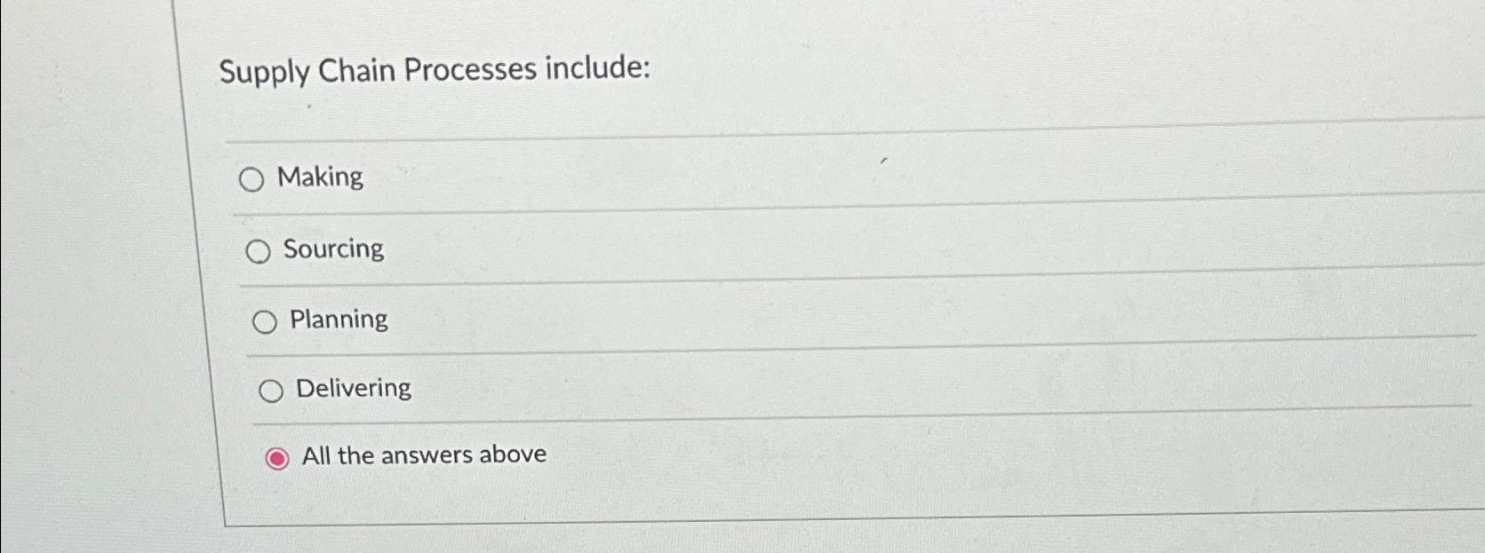  Supply Chain Processes include: Making Sourcing Planning Delivering All the answers