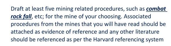 Draft at least five mining related procedures, such as combat rock