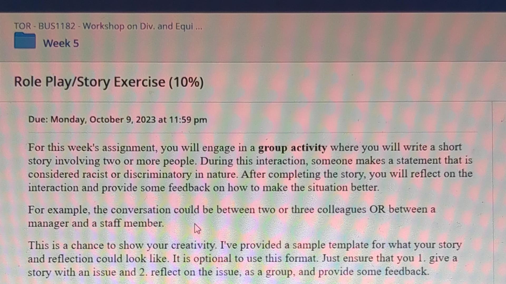  TOR-BUS1182 - Workshop on Div. and Equi... Week 5 Role Play/Story