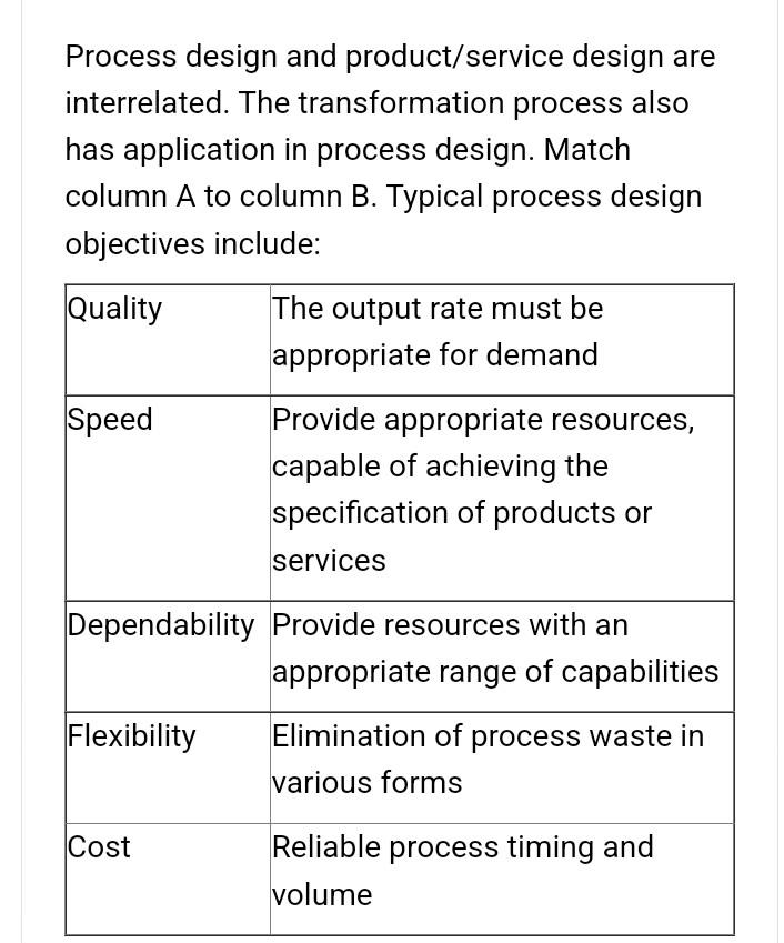 Process design and product/service design are interrelated. The transformation process also