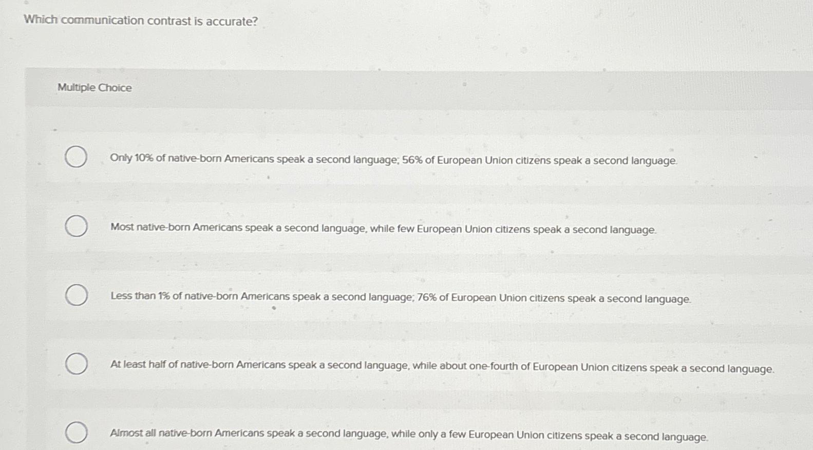 Which communication contrast is accurate? Multiple Choice Only 10% of native-born