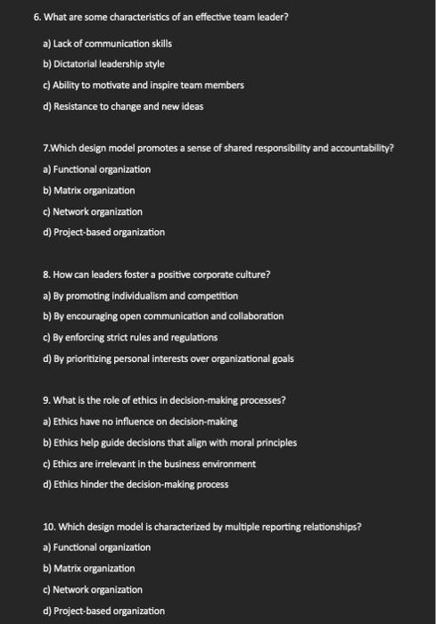 a) Functional organization b) Matrix organization c) Network organization d) Project-based organization