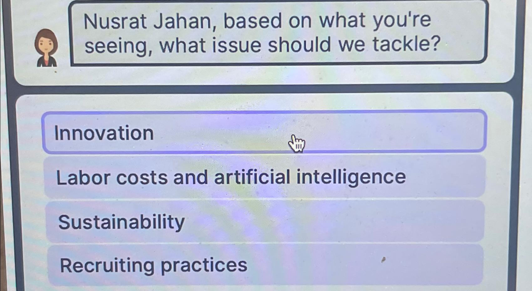  Nusrat Jahan, based on what you're seeing, what issue should we