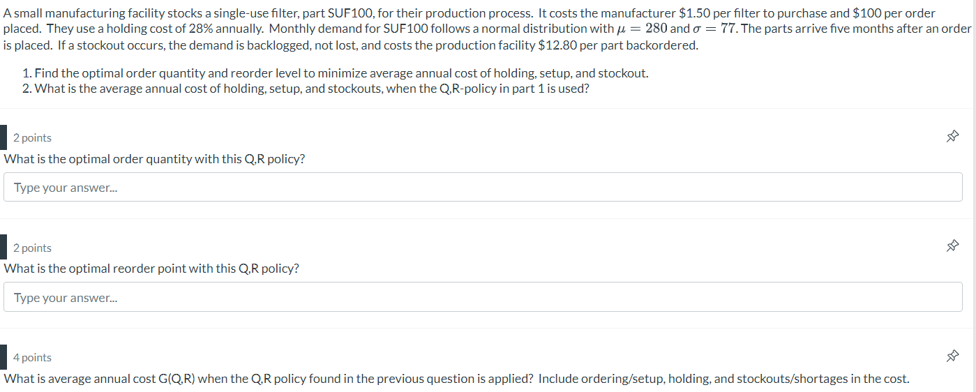 A small manufacturing facility stocks a single-use filter, part SUF100, for