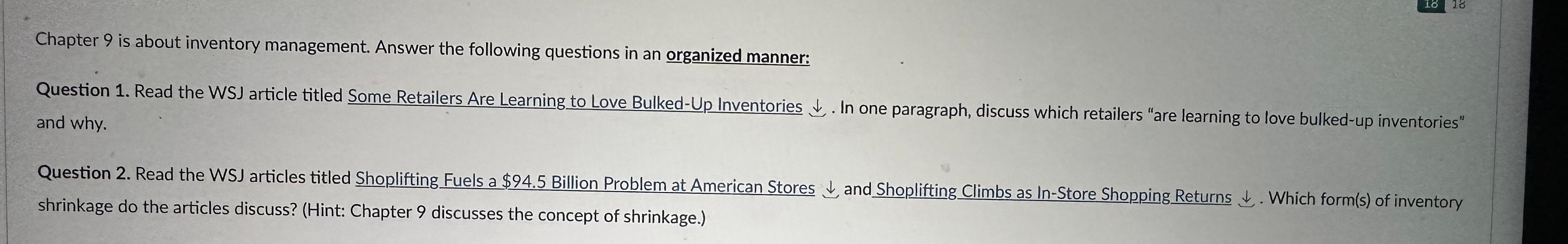  Chapter 9 is about inventory management. Answer the following questions in