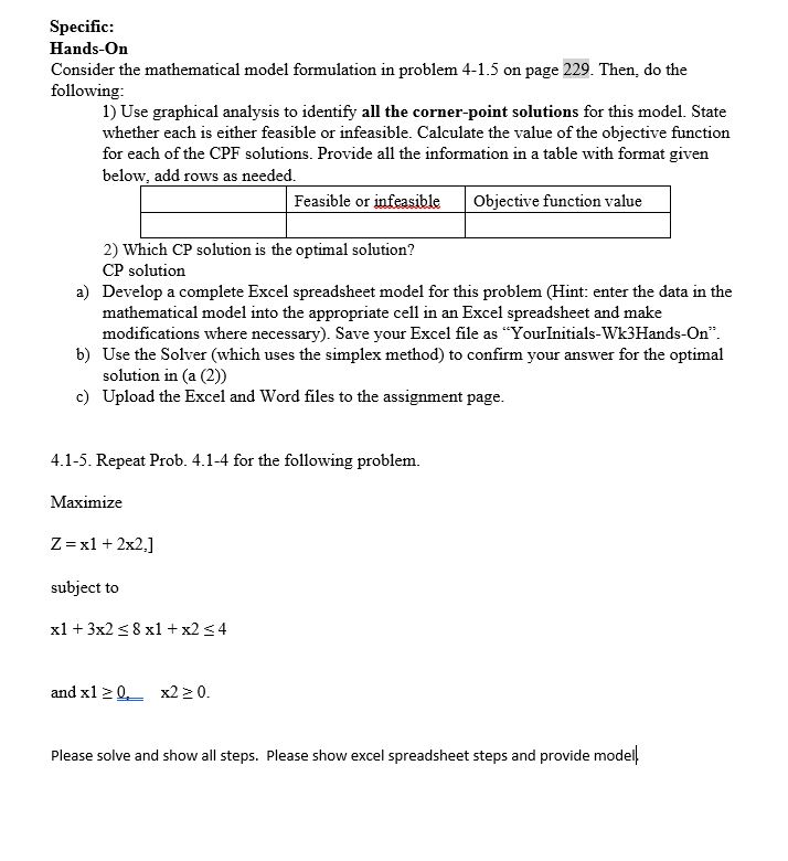  Specific: Hands-On Consider the mathematical model formulation in problem 4-1.5 on