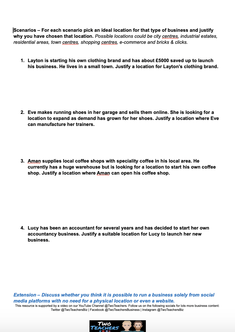 answer please Scenarios - For each scenario pick an ideal location for