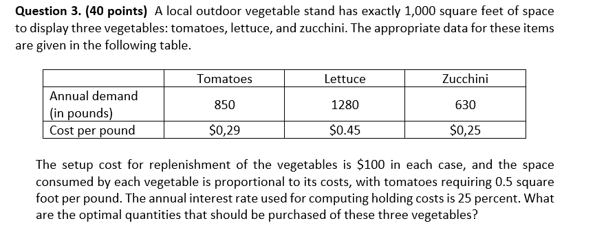  Question 3. (40 points) A local outdoor vegetable stand has exactly