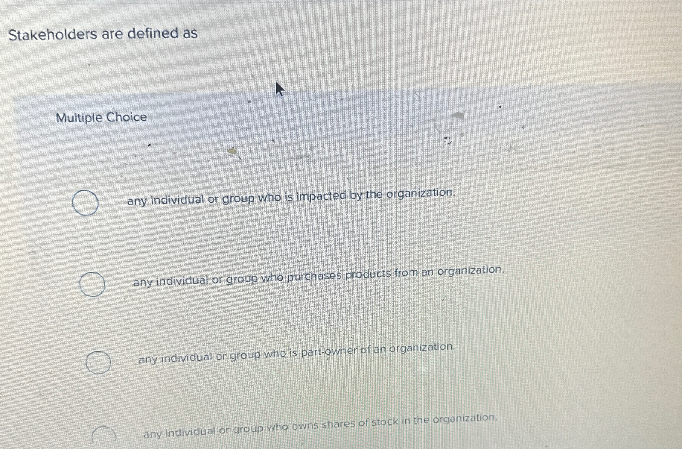  Stakeholders are defined as Multiple Choice any individual or group who