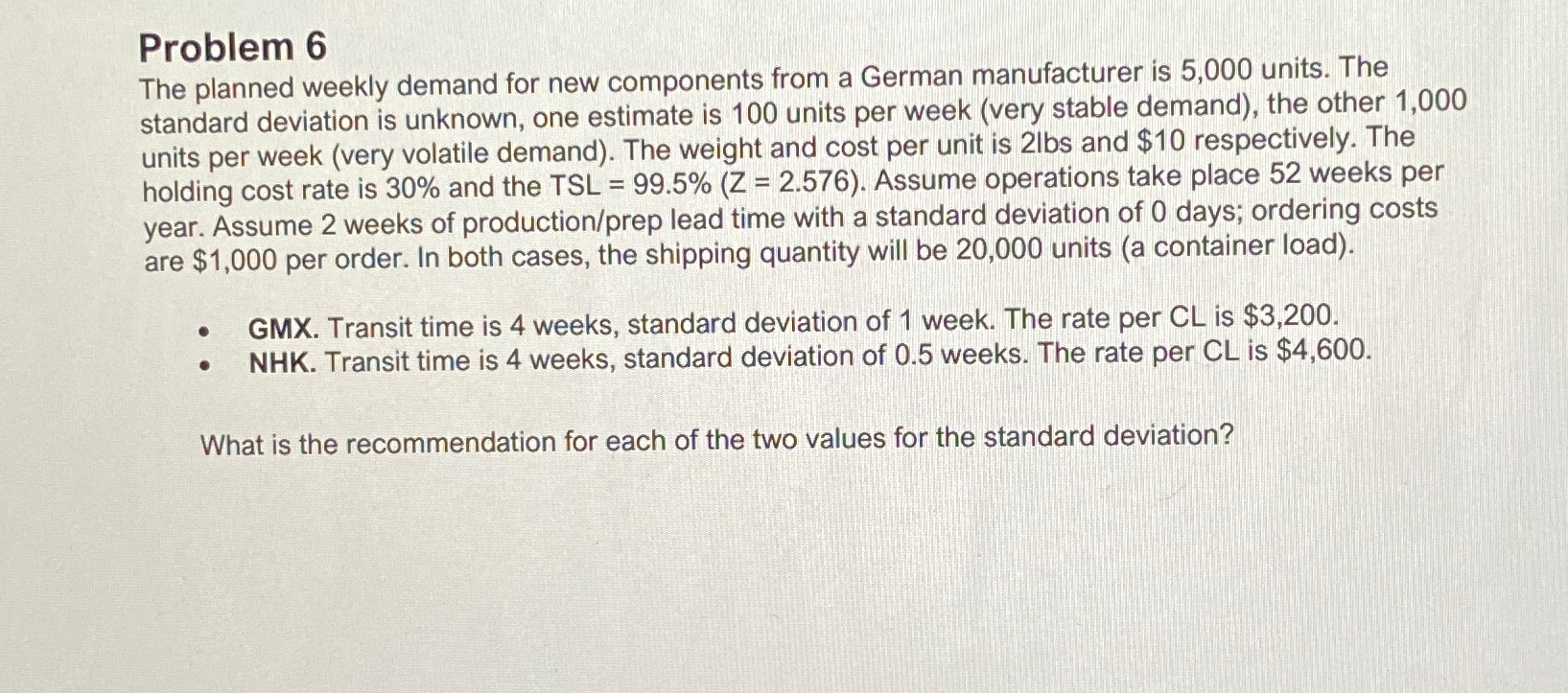  Problem 6 The planned weekly demand for new components from a
