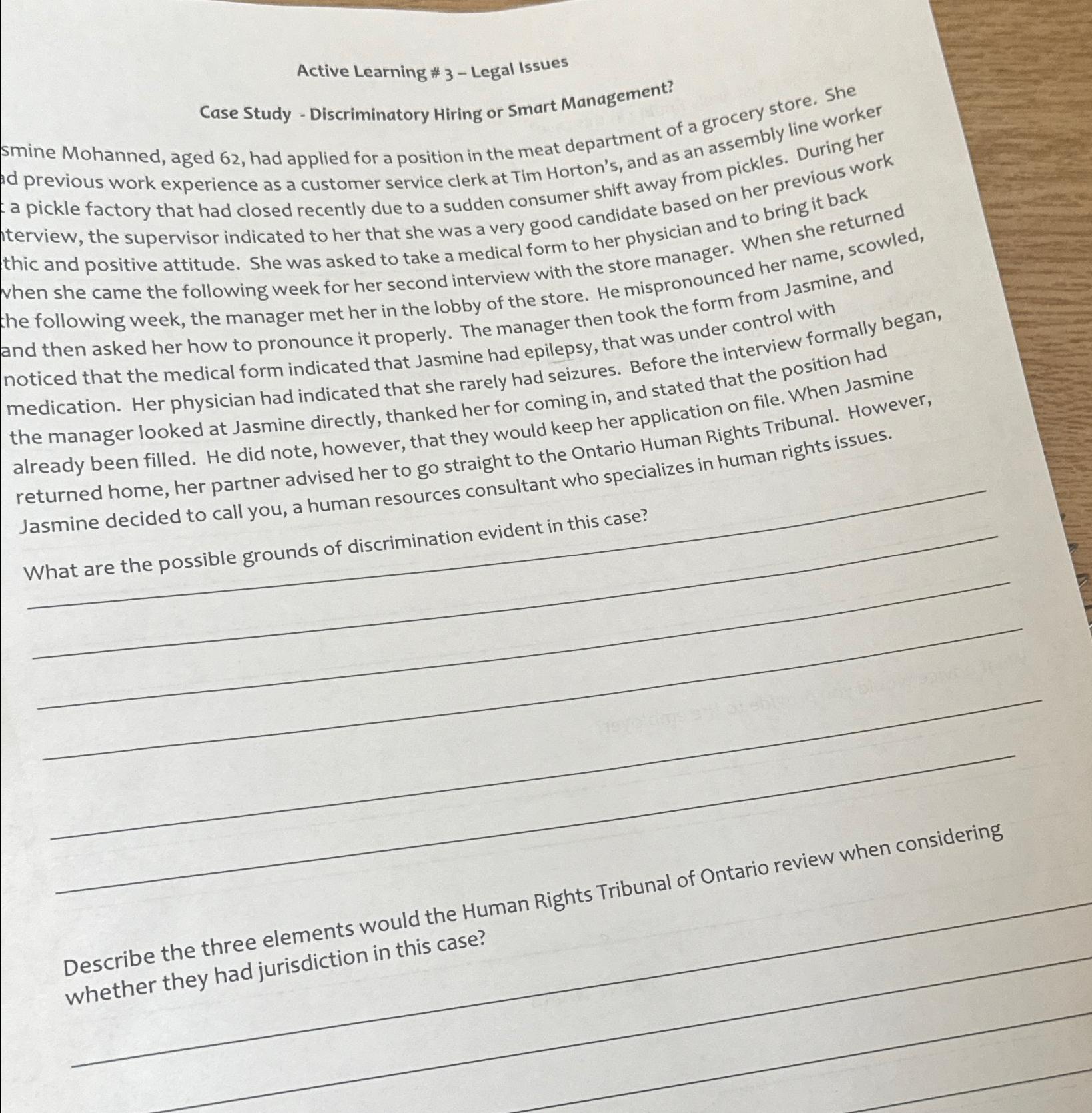  Active Learning # 3- Legal Issues Case Study - Discriminatory Hiring