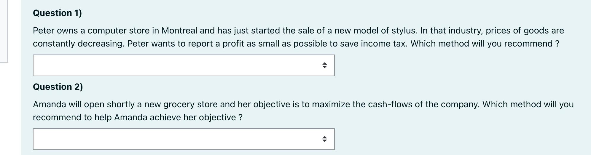  Question 1) Peter owns a computer store in Montreal and has