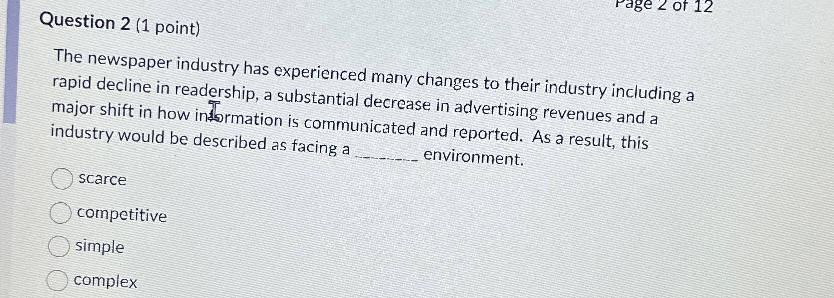  Question 2(1 point) The newspaper industry has experienced many changes to