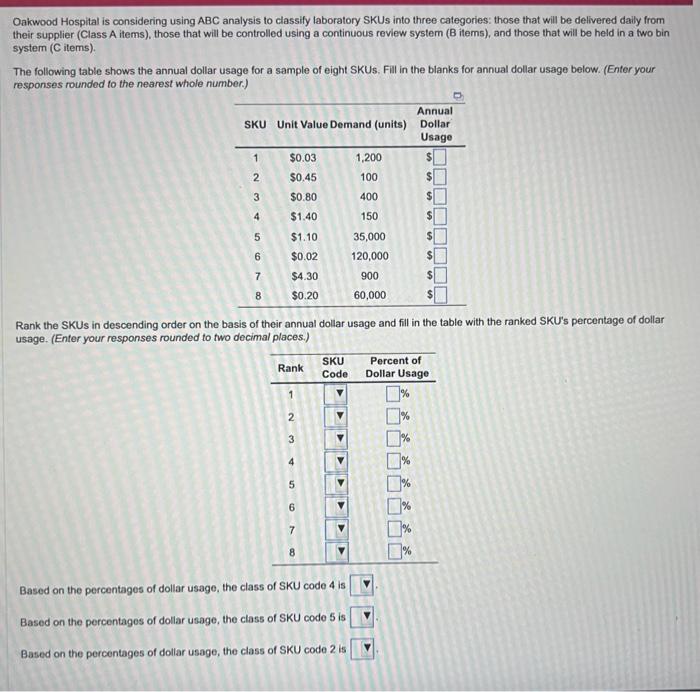  Oakwood Hospital is considering using ABC analysis to classify laboratory SKUs