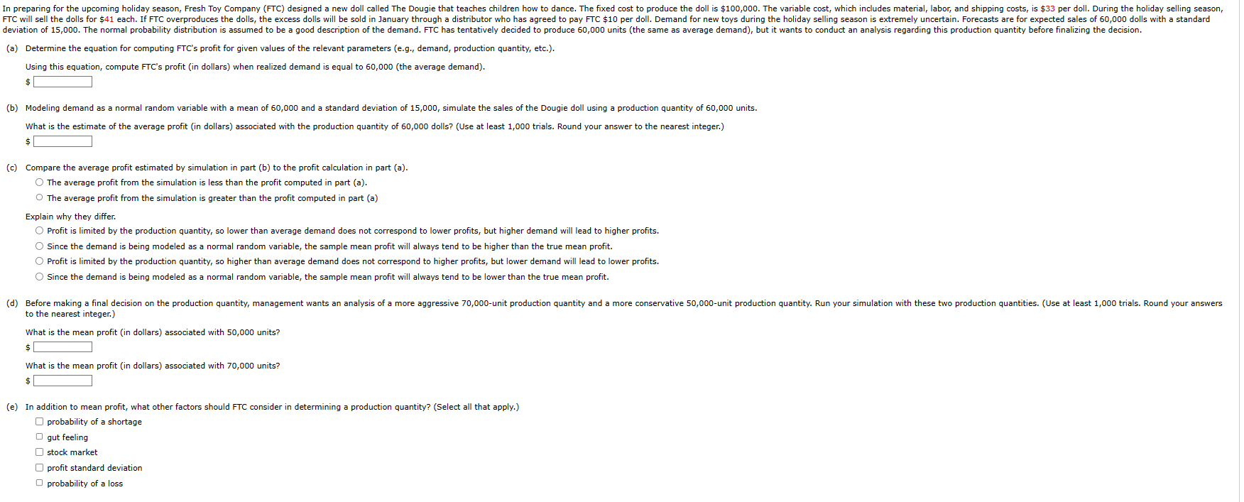 (a) Determine the equation for computing FTC's profit for given values