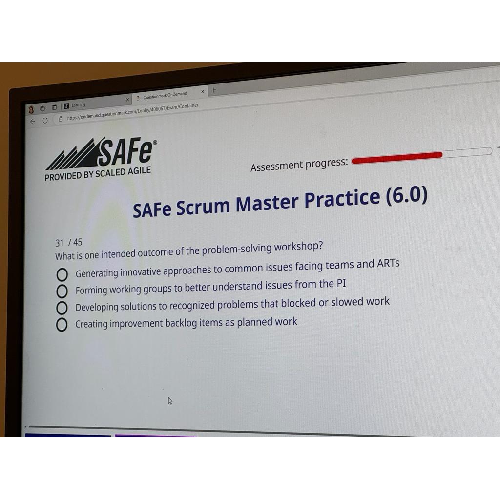  Questionmak OnDemand htrps//ondemandquestionmarkcom/Lobby/406067/Exam/Container PROVIDED BY SCALED AGILE Assessment progress: SAFe Scrum