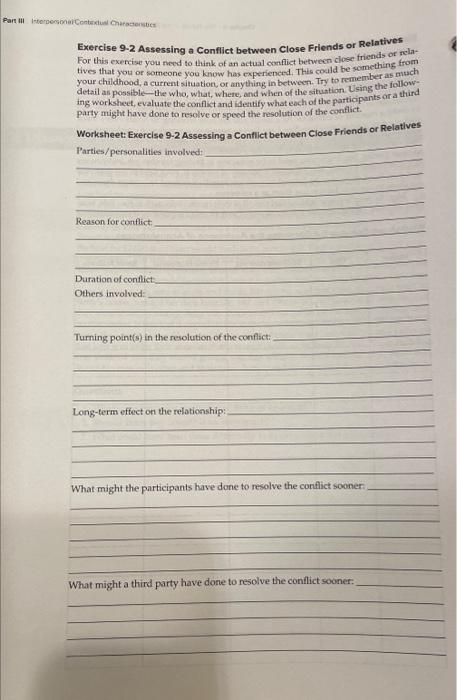  Exercise 9-2 Assessing a Conflict between Close Friends or Relatives For