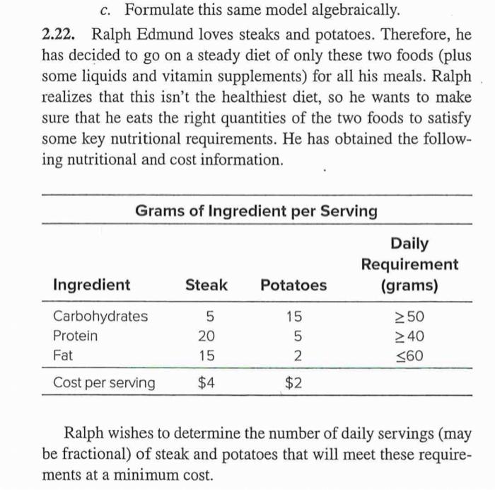 a) Construct algebraic and Graphic models to solve the problem 2.22. Ralph