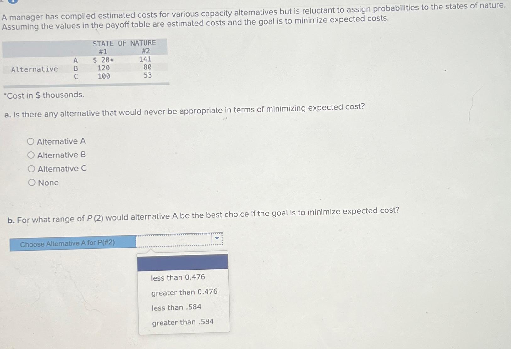  A manager has compiled estimated costs for various capacity alternatives but