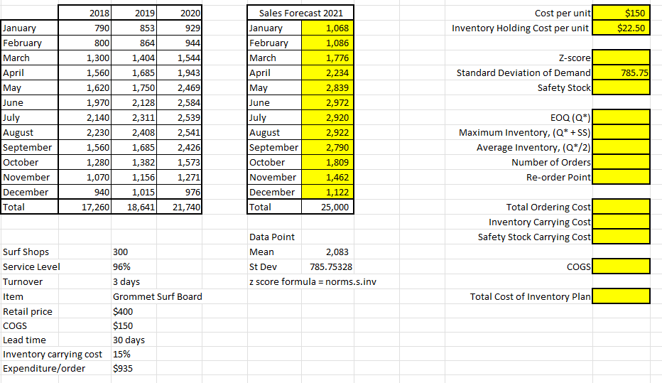 Please help with the calculations in the blank, yellow cells. Calculations and