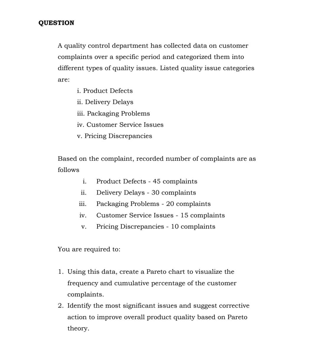  A quality control department has collected data on customer complaints over