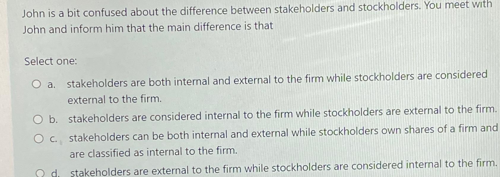  John is a bit confused about the difference between stakeholders and