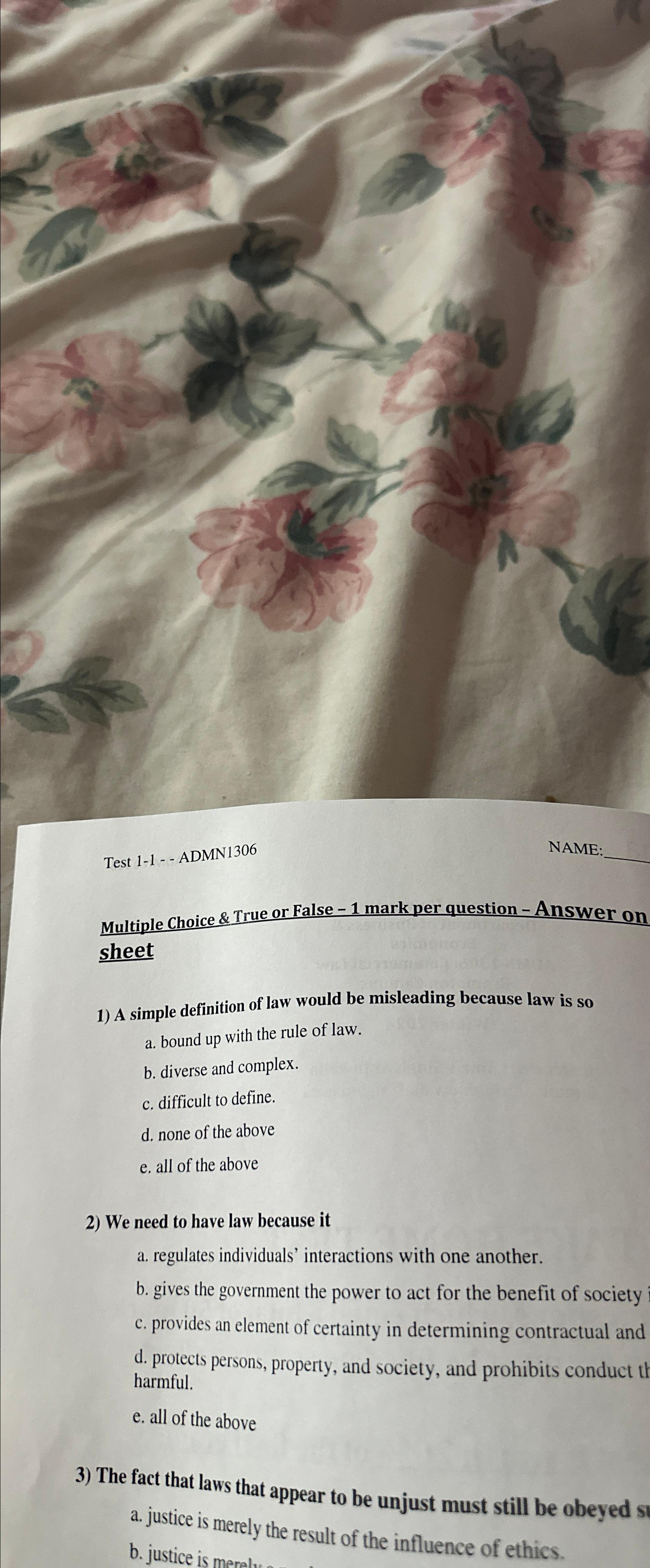  Test 1-1-- ADMN1306 NAME: Multiple Choice & True or False -1
