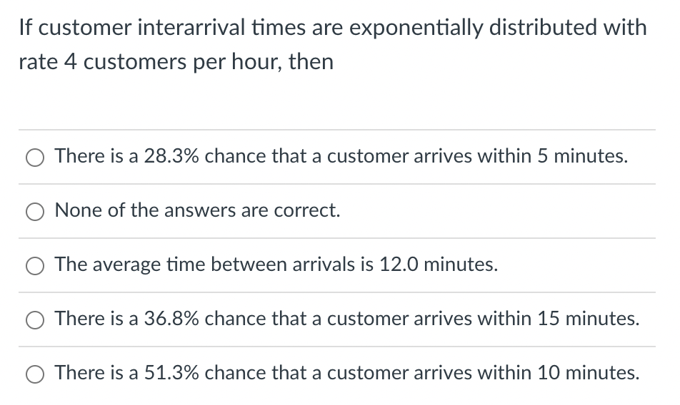  If customer interarrival times are exponentially distributed with rate 4 customers