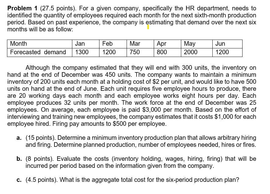 Problem 1 (27.5 points). For a given company, specifically the HR