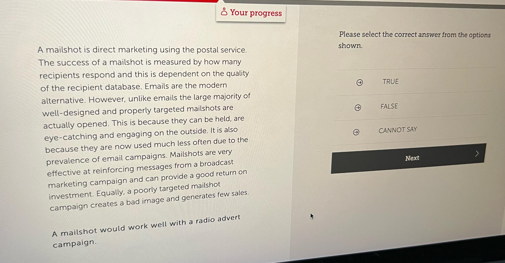  ` Your progress A mailshot is direct marketing using the postal