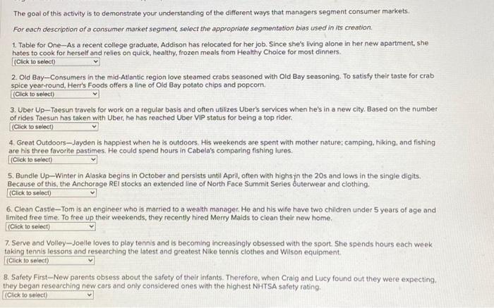  For each description of a consumer market segment, select the appropriate