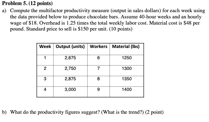 Problem 5. (12 points) a) Compute the multifactor productivity measure (output