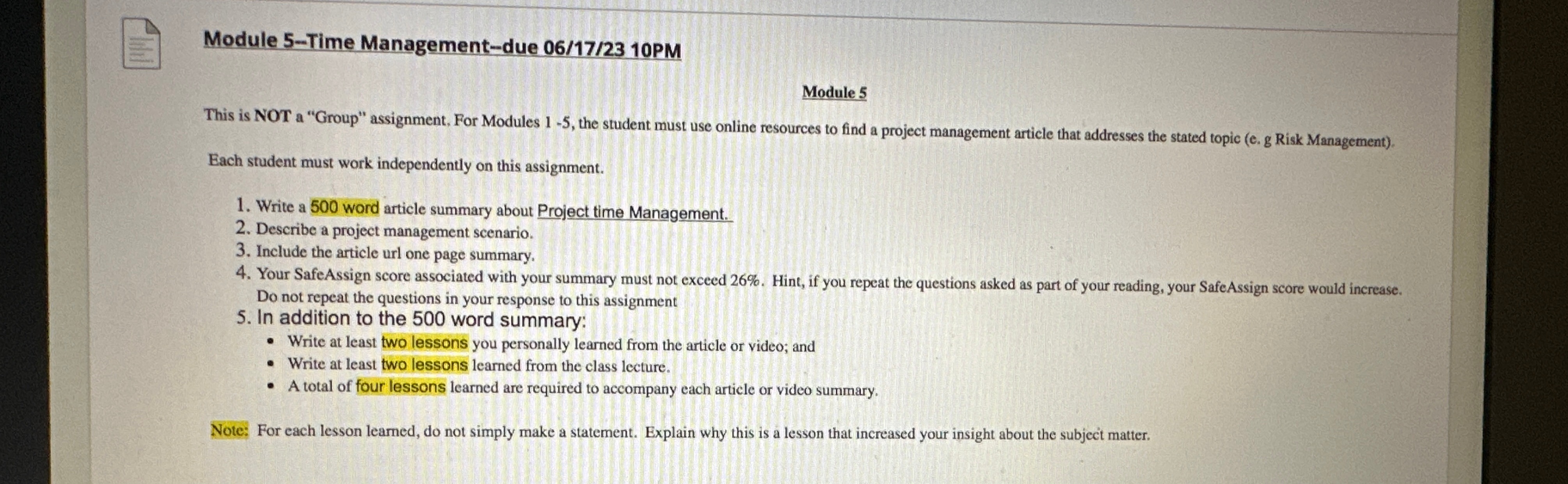 Module 5-Time Management-due 06/17/23 10PM Module 5 This is NOT a