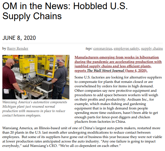 Hobbled U.S. Supply Chains JUNE 8, 2020 by Barry Render Wanxiang America's