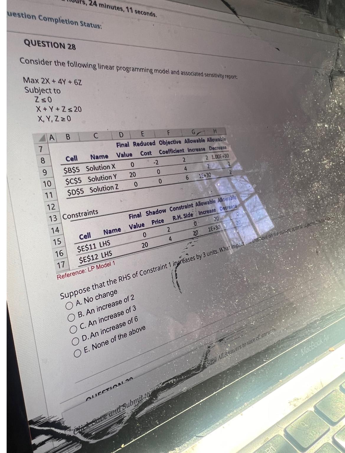  uestion Completion Status: QUESTION 28 Consider the following linear programming model
