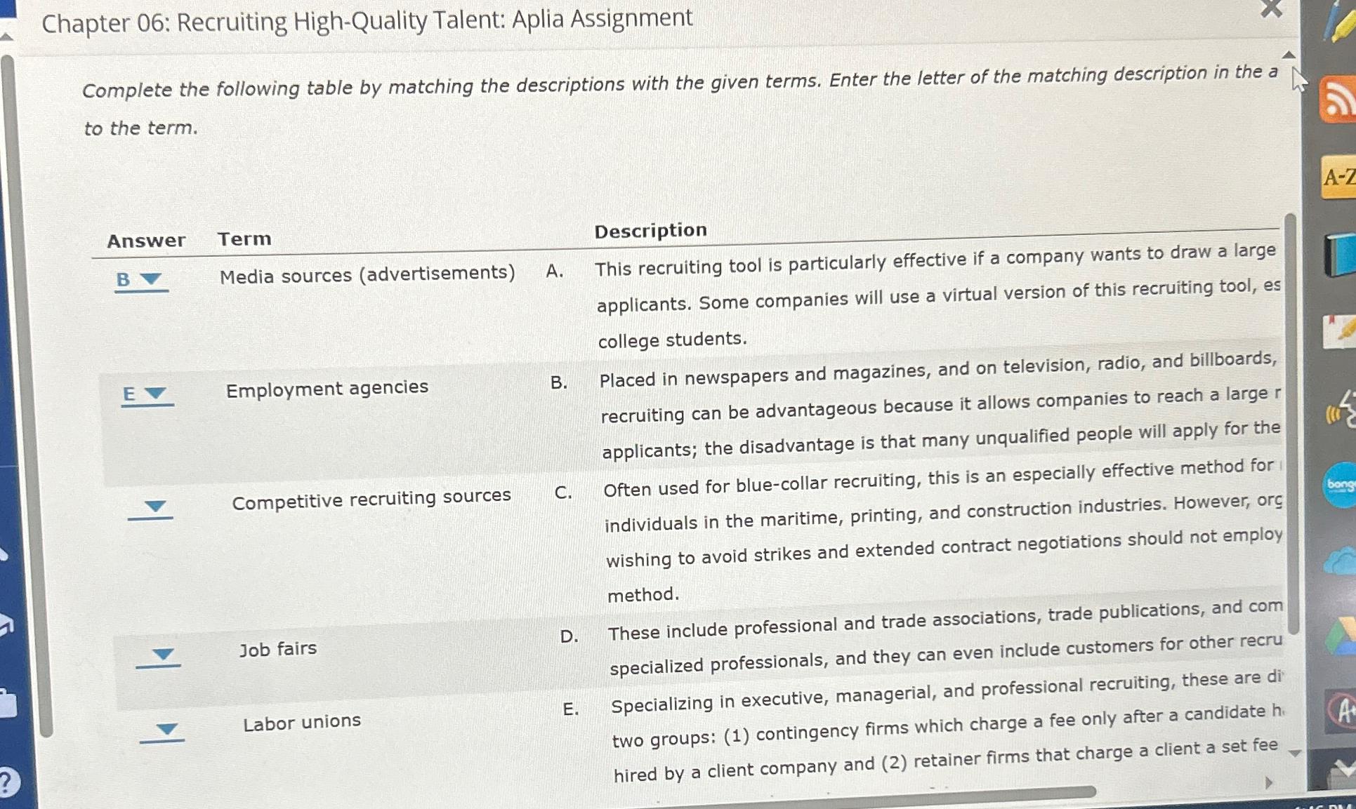  Chapter 06: Recruiting High-Quality Talent: Aplia Assignment Complete the following table