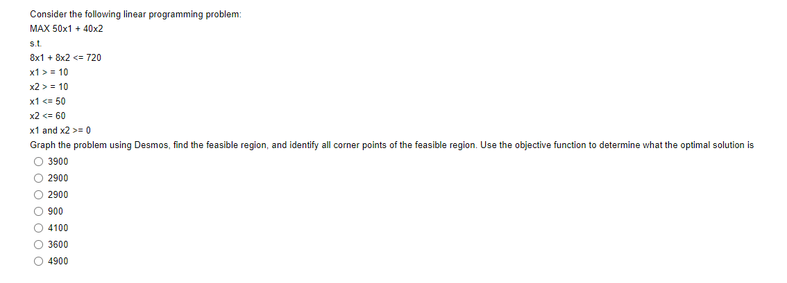  Consider the following linear programming problem: MAX501+402s.t.81+82=10x2>=10x1=0 Graph the problem using