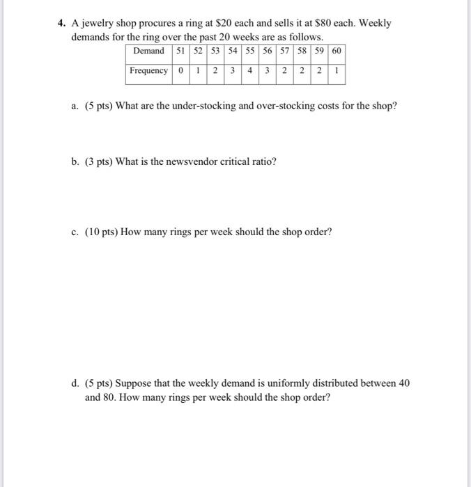  please solve e,f 4. A jewelry shop procures a ring at