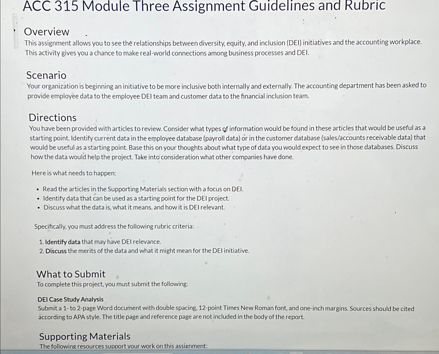  ACC 315 Module Three Assignment Guidelines and Rubric Overview This assignment
