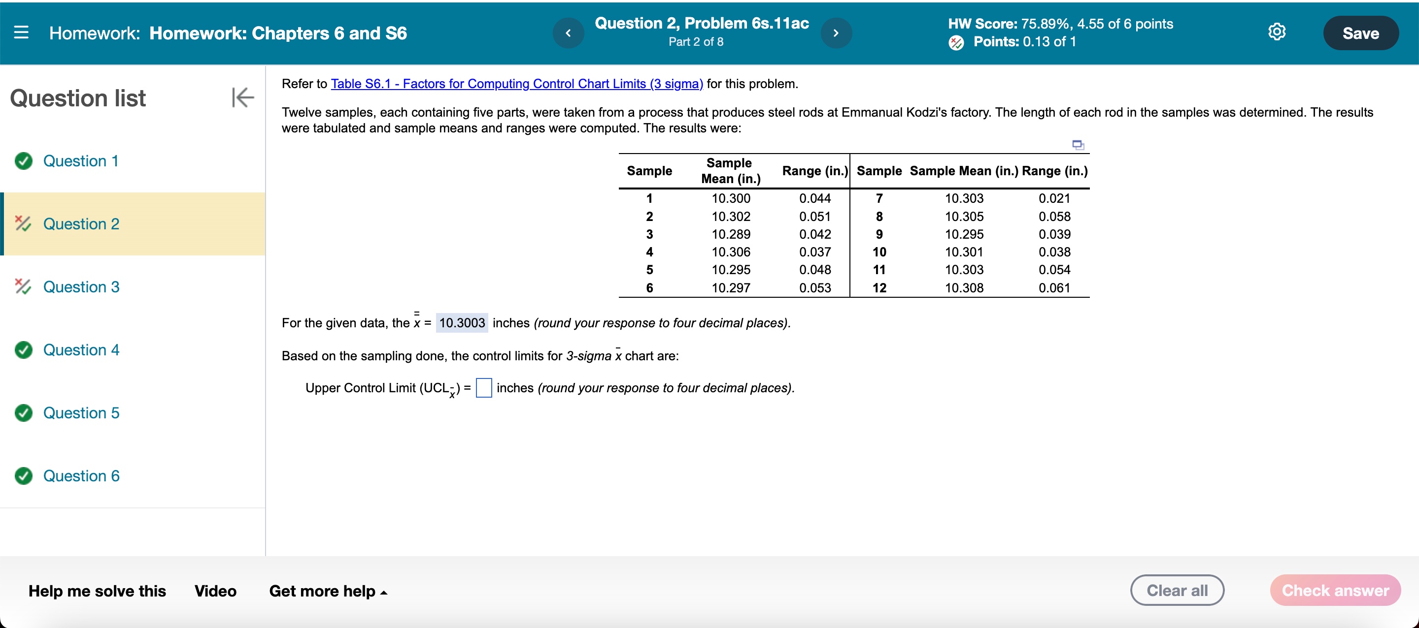 Refer to Table S6.1 - Factors for Computing Control Chart Limits